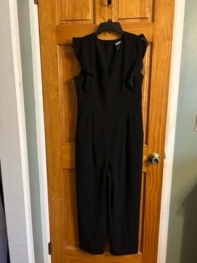 SLNY Black Ruffle-Shoulder V-Neck Jumpsuit
